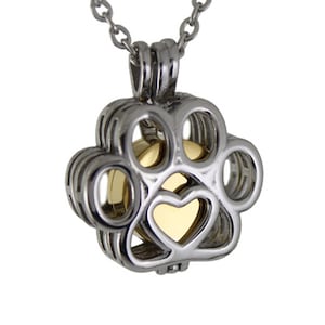 Pet Paw Cage Locket with Inner Gold Capsule Cremation Memorial Ashes Keepsake Urn Pendant, Polished Stainless Steel Engraved Urn Necklace
