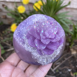 Succulent in Purple Geode Cluster 80mm Large Sphere Funeral Cremation Urn, Memorial Ashes Keepsake Mini Urn