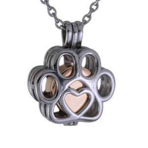 Pet Paw Cage Locket with Rose Gold Capsule Cremation Memorial Ashes Keepsake Urn Pendant, Polished Stainless Steel Engraved Urn Necklace