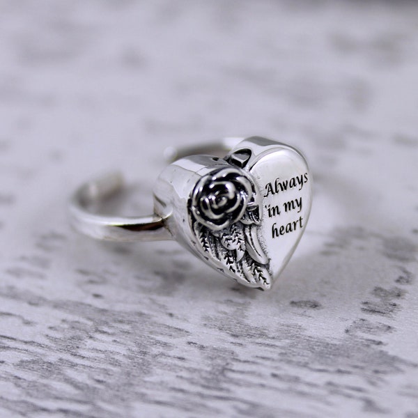 Sterling Silver Angel Wing Rose Heart Cremation Memorial Keepsake Urn Ring, Anneau réglable, Bijoux de deuil, Toujours dans mon anneau de coeur