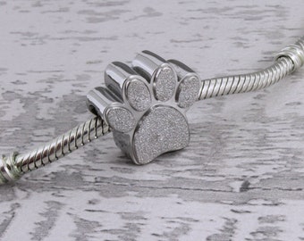 Silver Paw Cremation Engraved Urn Charm for European Bracelet - Pandora Compatible, Polished Stainless Steel Bracelet Charm