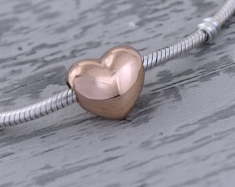 Rose Gold Round Heart Cremation Engraved Urn Charm for European Bracelet - Pandora Compatible, Polished Stainless Steel Bracelet Charm