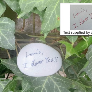 May include: A white rock with the words "Louis, I love you!!" written on it in black ink. The rock is surrounded by green leaves.