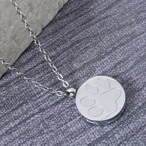 Paw print Cremation Ashes Memorial Keepsake Pendant, Polished Stainless Steel Urn Necklace, Cremation Engraved Pendant