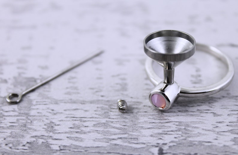 May include: A silver ring with a funnel-shaped top and a pink stone set in the base. The ring is shown with a small silver screw and a silver pin.