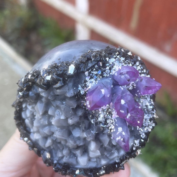 Coal Black and Cloudy Grey Geode Crystal Cluster 60mm Sphere Funeral Cremation Urn, Memorial Ashes Keepsake Mini Urn