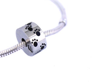 Paw Prints Cremation Ashes Urn Charm Bead for European Bracelet - Pandora Compatible, Polished Stainless Steel Engraved Bracelet Charm