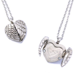 Angel Wing Heart Photo Locket Cremation Ashes Memorial Keepsake Engraved Urn Pendant, Polished Stainless Steel Urn Necklace