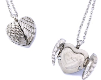 Angel Wing Heart Photo Locket Cremation Ashes Memorial Keepsake Engraved Urn Pendant, Polished Stainless Steel Urn Necklace