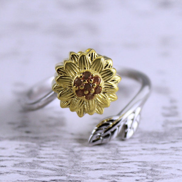 Sterling Silver Gold Sunflower Cremation Memorial Keepsake Urn Ring, Adjustable Ring, Bereavement Jewelry, Funeral Cremation Ash Ring