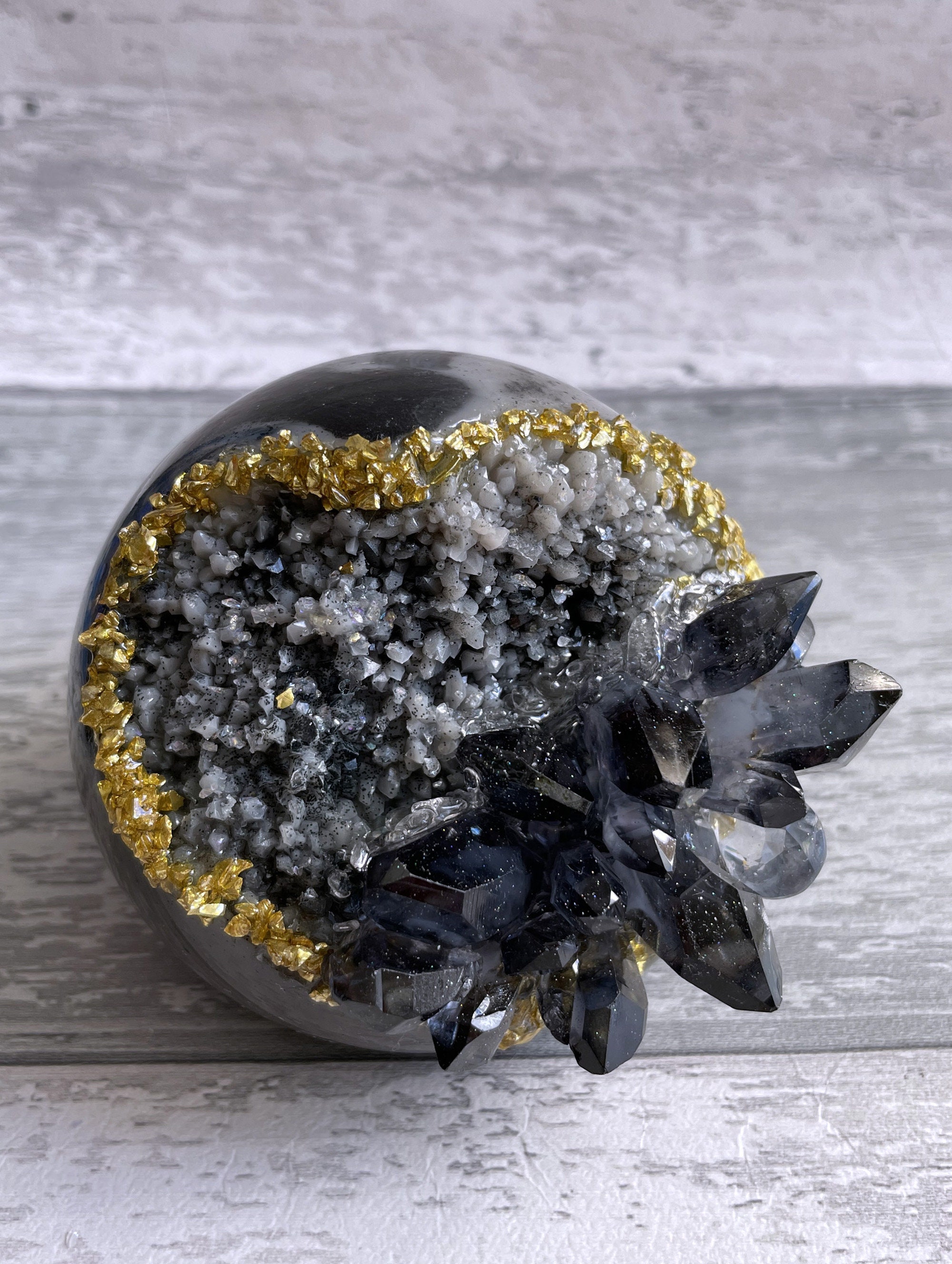 Black and Grey Geode Crystal Cluster 80mm Large Sphere Funeral Cremation Urn, Memorial Ashes Keepsake Mini Urn