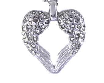 Angel Winged Heart Cremation Ashes Memorial Keepsake Pendant, Polished Stainless Steel Urn Necklace