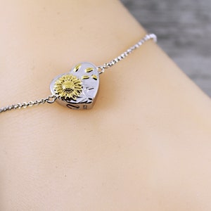 Sterling Silver Gold Sunflower Heart Engraved Cremation Memorial Keepsake Urn Bracelet, Bereavement Jewelry, Funeral Cremation Ash Bracelet