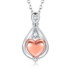 Sterling Silver Teardrop with Rose Gold Heart Cremation Memorial Keepsake Urn Necklace, Bereavement Jewelry, Funeral Cremation Ash Pendant