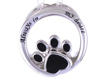 Silver Pet Paw Always in My Heart Cremation Memorial Keepsake Engraved Urn Necklace, Bereavement Jewelry, Funeral Cremation Ash Pendant