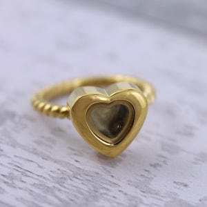 Gold Tiny Heart Window Locket Cremation Memorial Keepsake Urn Ring, Bereavement Jewelry, Funeral Cremation Ash Ring
