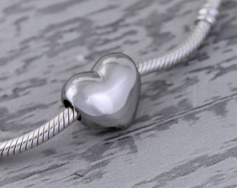 Silver Round Heart Cremation Engraved Urn Charm for European Bracelet - Pandora Compatible, Polished Stainless Steel Bracelet Charm.