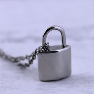 Può includere: Una collana con un lucchetto d'argento e una catena. Il lucchetto è chiuso e ha una finitura lucida.