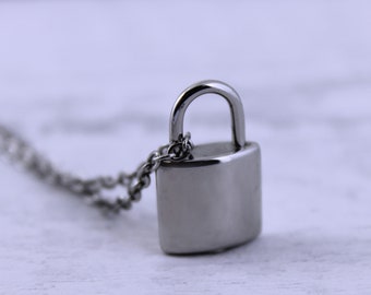 Silver Mini Padlock Cremation Ashes Memorial Keepsake Pendant, Polished Stainless Steel Urn Necklace