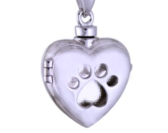 Sterling Silver Paw Print in My Heart Cremation Memorial Keepsake Urn Necklace, Bereavement Jewelry, Funeral Cremation Ash Pendant
