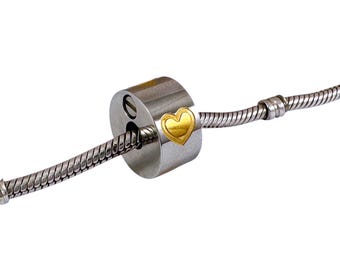 Gold Heart Cremation Ashes Urn Charm Bead for European Bracelet - Pandora Compatible, Polished Stainless Steel Engraved Bracelet Charm