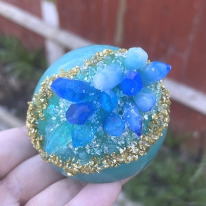 Cyan Geode Crystal Cluster 60mm Sphere Funeral Cremation Urn, Memorial Ashes Keepsake Mini Urn