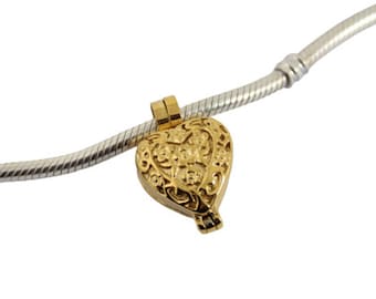 Gold Floral Heart Locket Cremation Urn Charm Bead for European Bracelet - Pandora Compatible, Stainless Steel Cremation Ashes Urn Charm