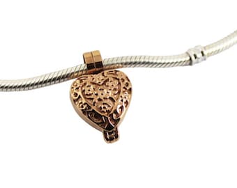 Rose Gold Floral Heart Locket Cremation Urn Charm Bead for European Bracelet - Pandora Compatible, Stainless Steel Cremation Ashes Urn Charm