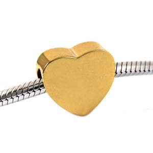 Gold Heart Cremation Engraved Urn Charm for European Bracelet - Pandora Compatible, Polished Stainless Steel Bracelet Charm
