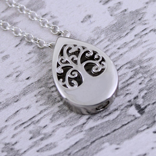 Sterling Silver Tree of Life Teardrop Cremation Memorial Keepsake Urn Necklace, Bereavement Jewelry, Funeral Cremation Ash Pendant