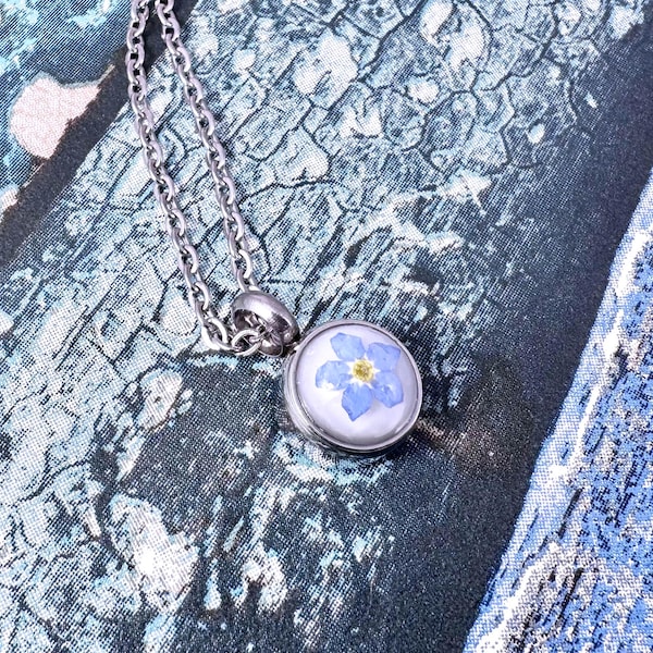 Real Pressed Forget me not Flower Cremation Ashes Memorial Engraved Keepsake Urn Pendant, Polished Stainless Steel Urn Necklace