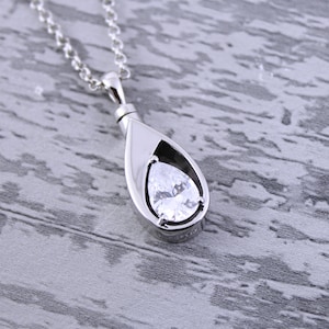 Sterling Silver Cubic Zirconia Teardrop Cremation Memorial Keepsake Urn Necklace, Bereavement Jewelry, Funeral Cremation Ash Pendant
