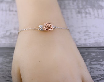 Sterling Silver R Gold Rose Flower Cremation Memorial Keepsake Urn Bracelet, Joyería de duelo, Funeral Cremation Ash Bracelet