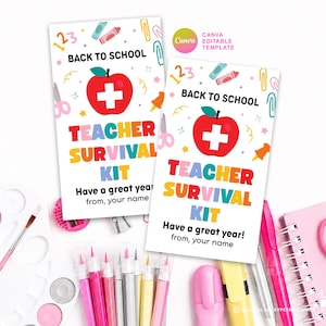 Puede incluir: Dos tarjetas rectangulares blancas con el texto BACK TO SCHOOL TEACHER SURVIVAL KIT y Have a great year! from, your name. El diseño incluye una manzana roja con una cruz blanca, lápices de colores, tijeras y clips de papel.