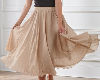 Custom size boho style flowy skirt for women-soft, linen cotton beige summer skirt-maxi skirt with stretchable waistband-full circle skirt