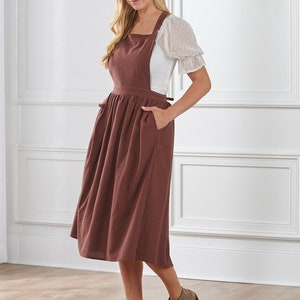 Women apron dress-brown linen cotton apron with two pockets and adjustable shoulder straps-Christmas gift for mom, sister, grandma etc.