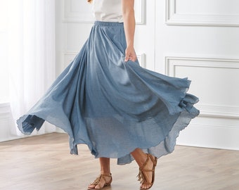 Linen cotton flowy skirt for women-dusty blue summer skirt for beach, travel, dance-boho style maxi skirt-full circle skirt