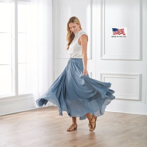 Saia fluida de linho e algodão para mulheres - saia de verão azul-poeira para praia, viagens, dança - saia maxi estilo boho - saia circular completa