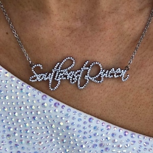 Custom Bling Name Title Necklace: Personalized Pendant Chain Accessories Jewelry Stainless Steel With Rhinestone Letters Choker