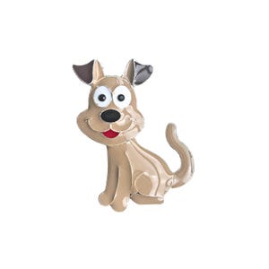 May include: A glossy, tan-coloured dog-shaped pin. The pin depicts a smiling dog with large eyes, a black nose, and a red mouth. The dog has dark brown ears and a curled tail.
