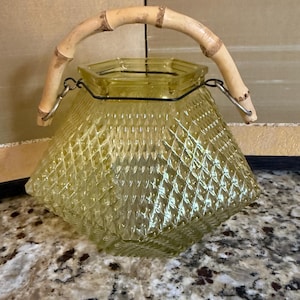 Vintage yellow glass vase/candle holder with bamboo handle