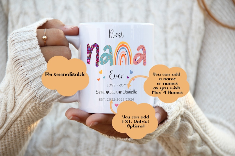 May include: White ceramic mug with the text "Best Nana Ever" in colorful letters with a rainbow and hearts. The text "Love From" is below the word "Ever" with space for three names and the text "EST. 2022/2023/2024".