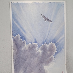 ORIGINAL watercolor painting, sky and clouds, bird in the sky, light