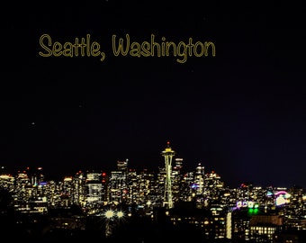 Seattle Night Skyline Photography Postcard, Original Art