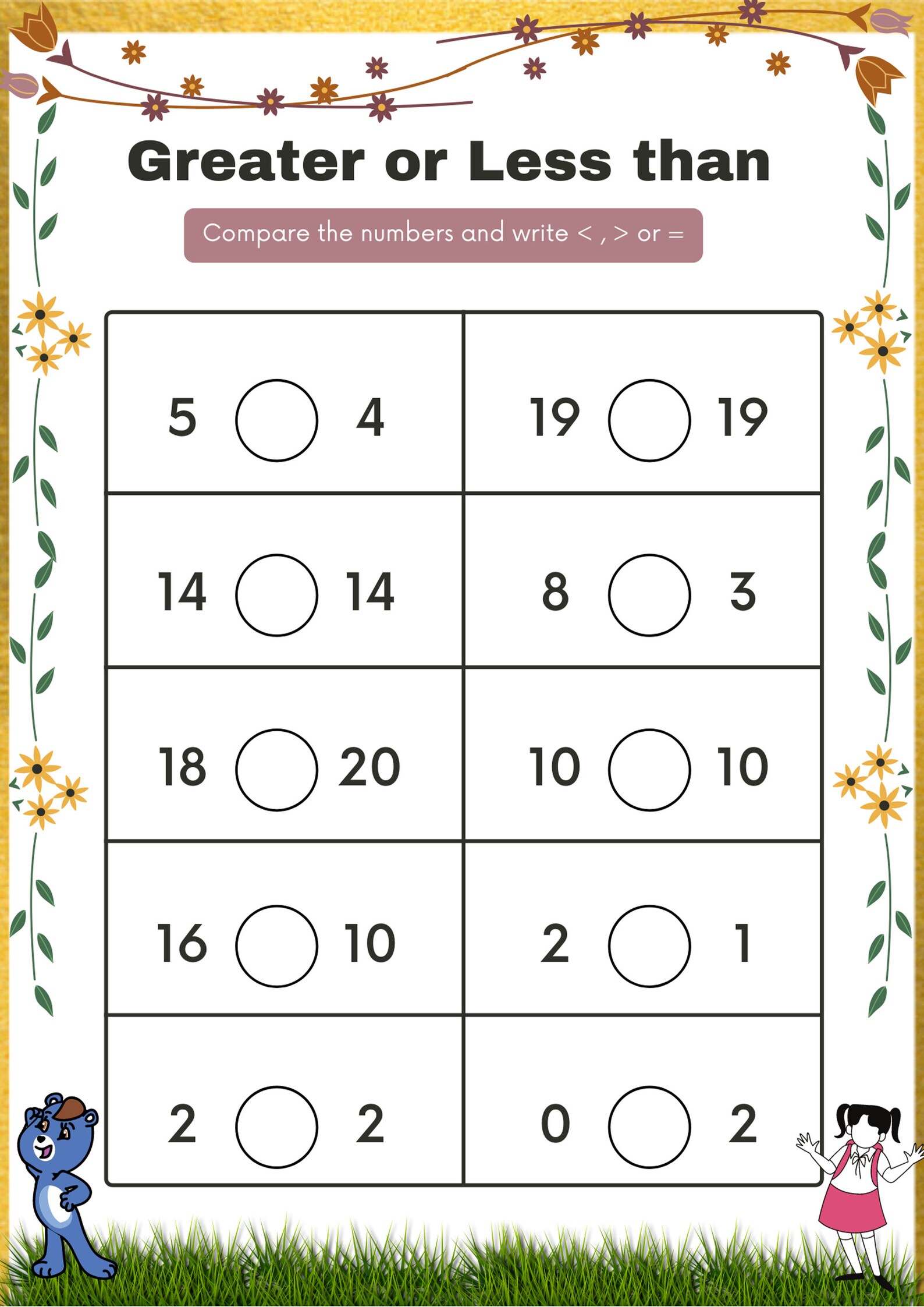 Greater Than Lesser Than Equal to Printable Math Worksheet Etsy