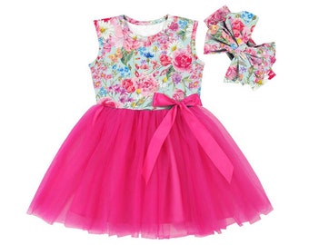 Little Girls Sleeveless Flower Twirl Dress Pink Tulle