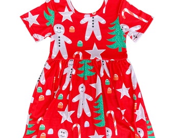 Toddler Red Christmas Dress, Snowman Dress, Holiday Short Sleeve Dress