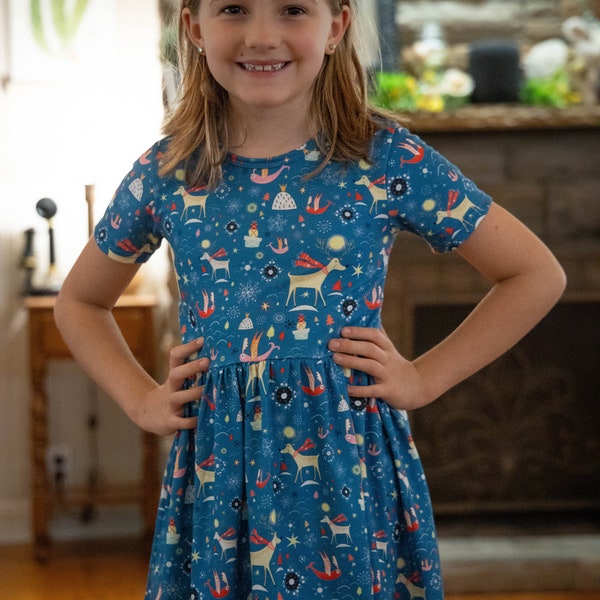 Girls Christmas Dress, Girls Holiday Dress, Blue Dog Girls Dress, Cartoon Theme Winter Dress