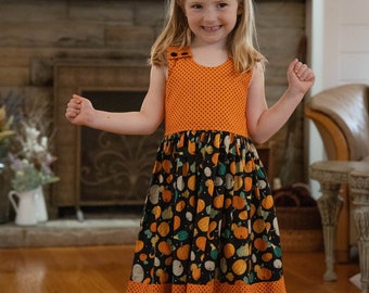 Autumn Fall Dress for Girls Orange Brown Green Pumpkins Thansgiving