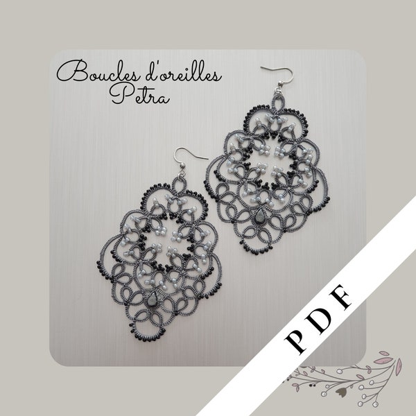 Boucles d'oreilles PETRA en dentelle de frivolité - Patron de frivolité à la navette PDF - Earrings Jewelry -Tatting shuttle Pattern PDF